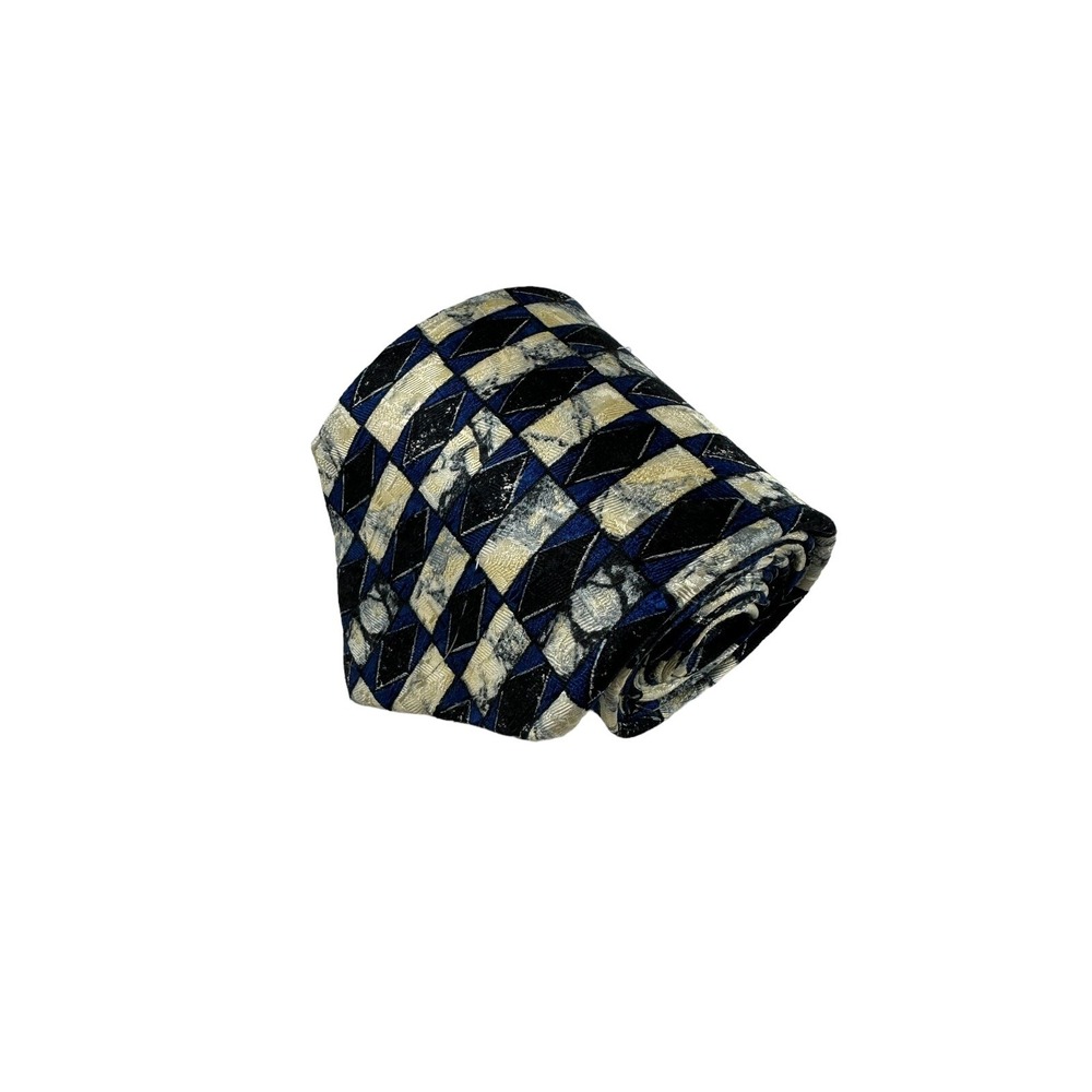 Ermenegildo Zegna Cream Blue Geometric Print Silk Tie 3.75 Inch Width